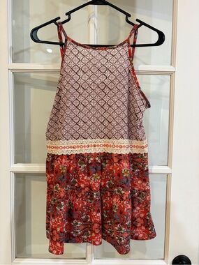 Altar'd State Knit Tank Top S Red Ivory Floral Boho Aztec Festival